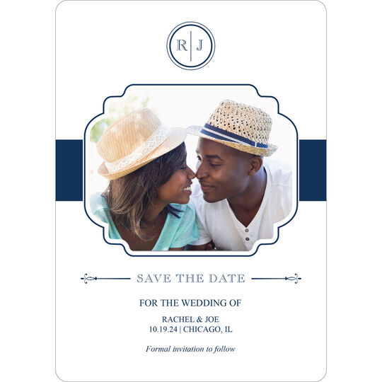 White and Navy Initial Connection Photo Save the Date Cards